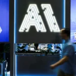 Glowing AI sign at a Chinese technology exhibition highlights advances in artificial intelligence AI.
