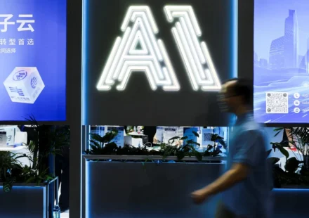 Glowing AI sign at a Chinese technology exhibition highlights advances in artificial intelligence AI.