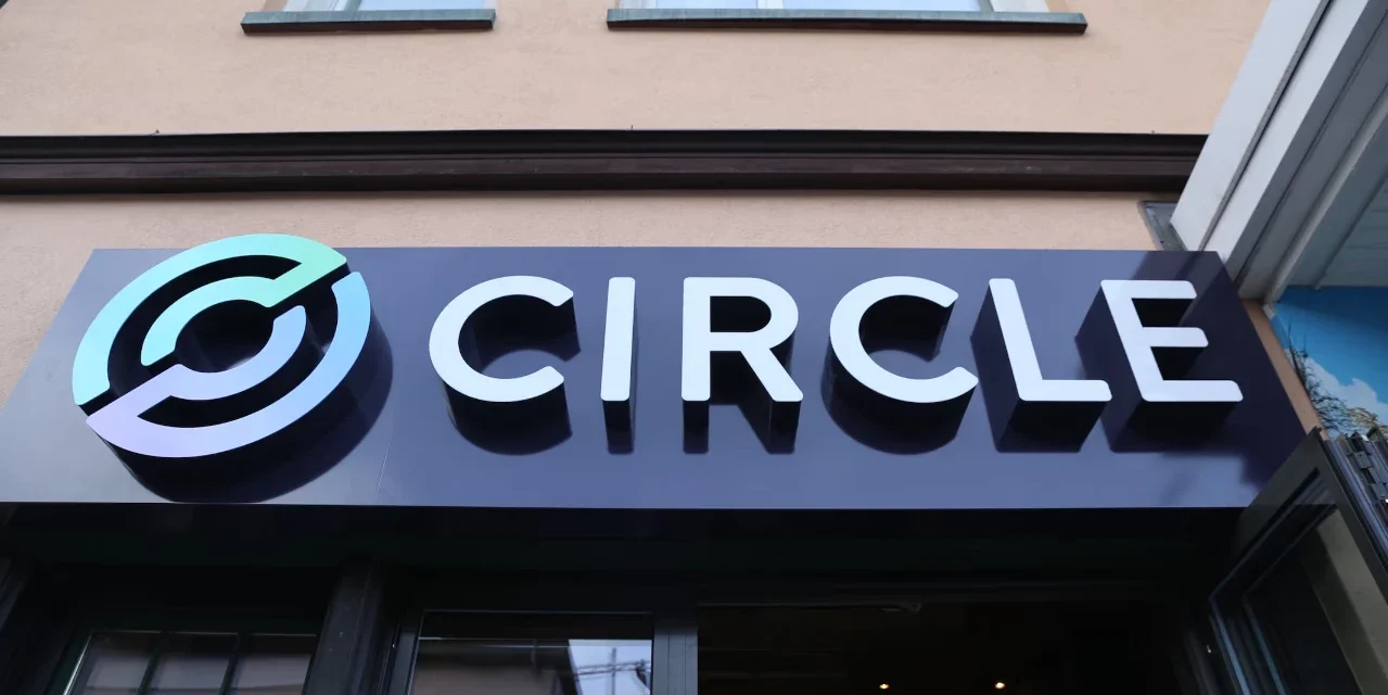 Circle office sign on building exterior after US national trust bank charter approval for US finance