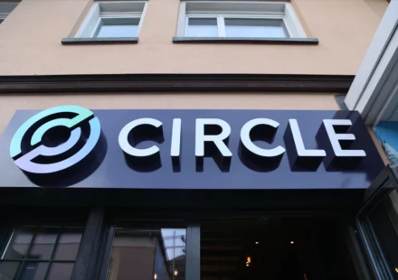 Circle office sign on building exterior after US national trust bank charter approval for US finance