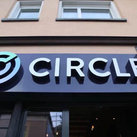 Circle office sign on building exterior after US national trust bank charter approval for US finance