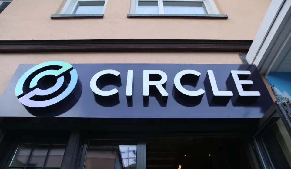 Circle office sign on building exterior after US national trust bank charter approval for US finance