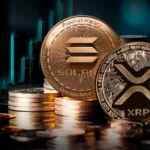 Gold XRP and Solana coins displayed on stacked crypto tokens with glowing market chart background FX
