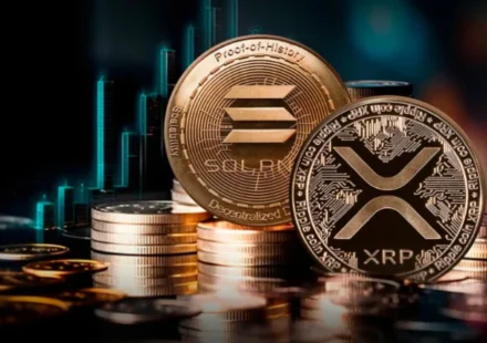 Gold XRP and Solana coins displayed on stacked crypto tokens with glowing market chart background FX
