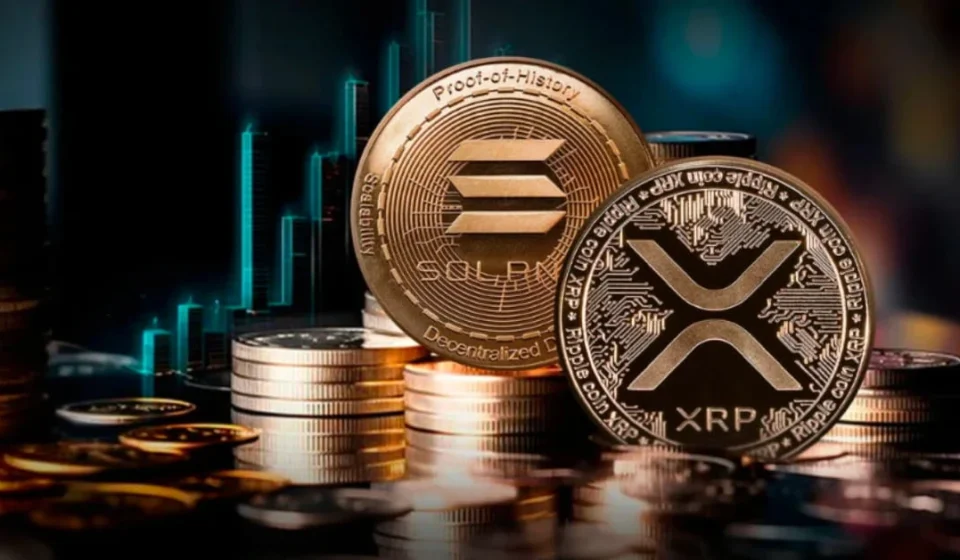 Gold XRP and Solana coins displayed on stacked crypto tokens with glowing market chart background FX