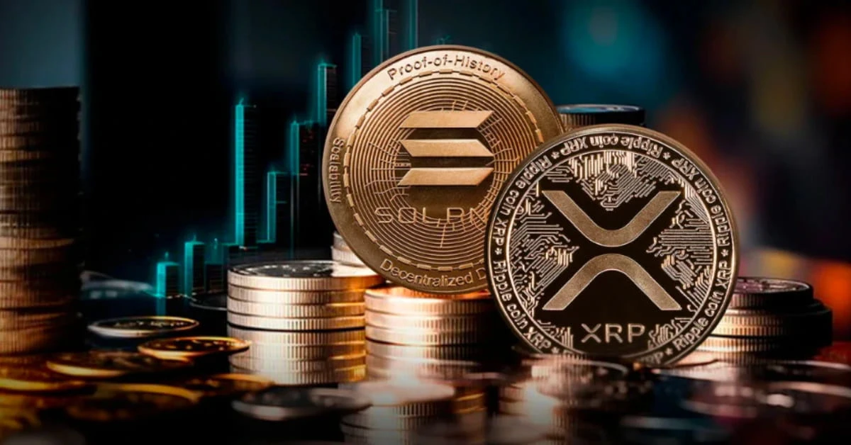 Gold XRP and Solana coins displayed on stacked crypto tokens with glowing market chart background FX