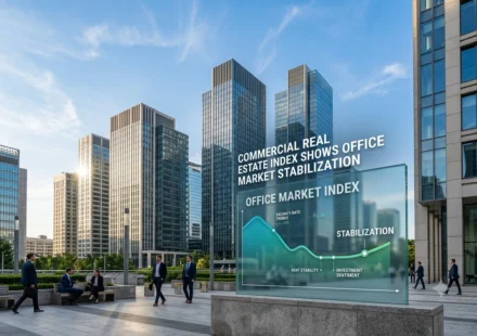 Modern office buildings with professionals outside as a commercial real estate market stabilization index display.