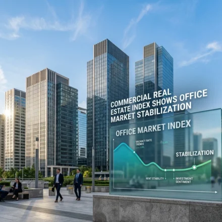 Modern office buildings with professionals outside as a commercial real estate market stabilization index display.