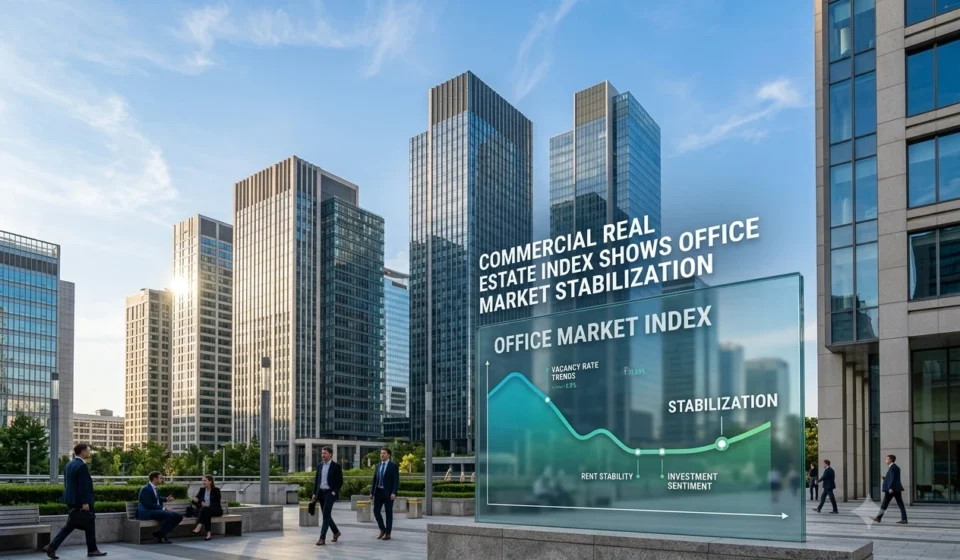 Modern office buildings with professionals outside as a commercial real estate market stabilization index display.