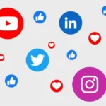 Social media platform icons linked by engagement symbols representing cross platform digital connectivity.