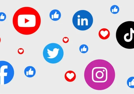 Social media platform icons linked by engagement symbols representing cross platform digital connectivity.