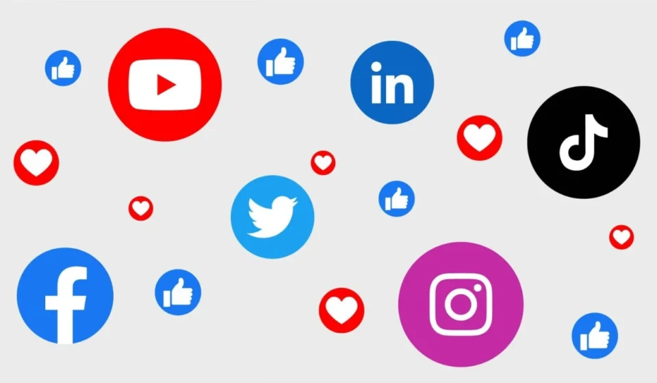 Social media platform icons linked by engagement symbols representing cross platform digital connectivity.