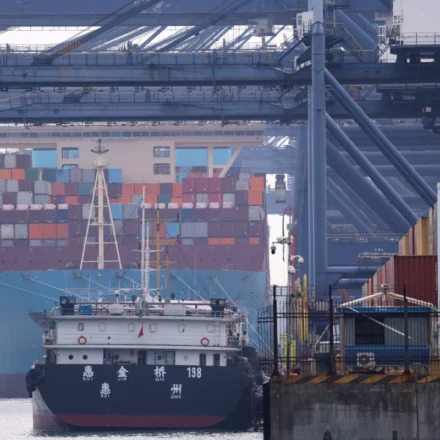 Container ships dock at a busy cargo port with stacked freight containers and towering loading cranes.