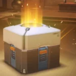 Glowing video game loot box opening with golden light symbolizing digital rewards and microtransactions