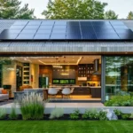 Modern home with rooftop solar panels, open living space, and landscaped yard saving energy.