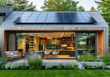 Modern home with rooftop solar panels, open living space, and landscaped yard saving energy.