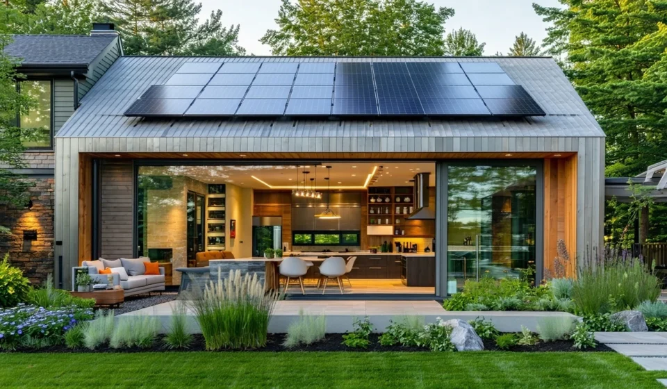 Modern home with rooftop solar panels, open living space, and landscaped yard saving energy.