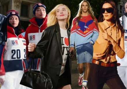 Models showcase luxury fashion and Team USA apparel, reflecting global style and trade industry shifts.