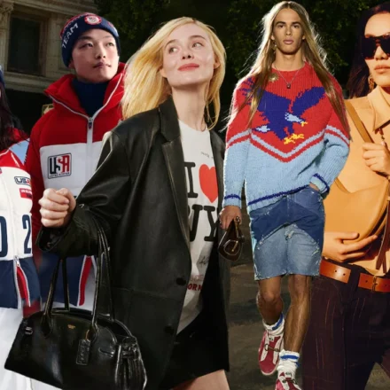 Models showcase luxury fashion and Team USA apparel, reflecting global style and trade industry shifts.