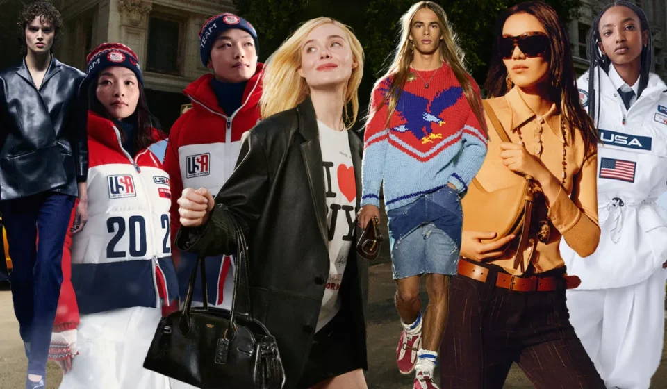 Models showcase luxury fashion and Team USA apparel, reflecting global style and trade industry shifts.