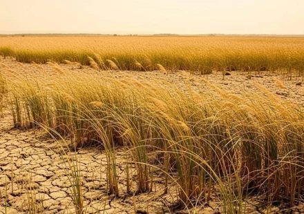 Parched farmland with drying grain crops under extreme heat highlights drought and agricultural stress crisis