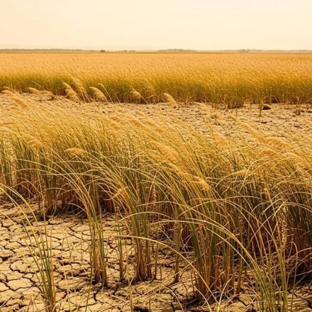 Parched farmland with drying grain crops under extreme heat highlights drought and agricultural stress crisis
