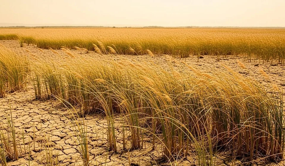 Parched farmland with drying grain crops under extreme heat highlights drought and agricultural stress crisis