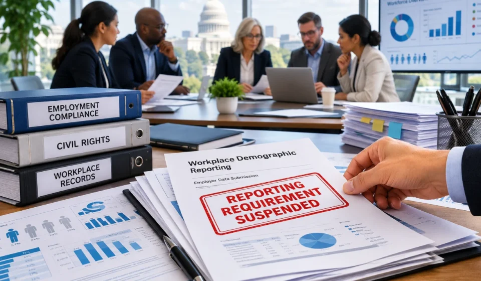 Corporate leaders review workplace compliance documents as U.S. employment reporting rules change.