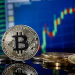 Bitcoin coin displayed before a rising cryptocurrency price chart, reflecting strong market momentum and growth.