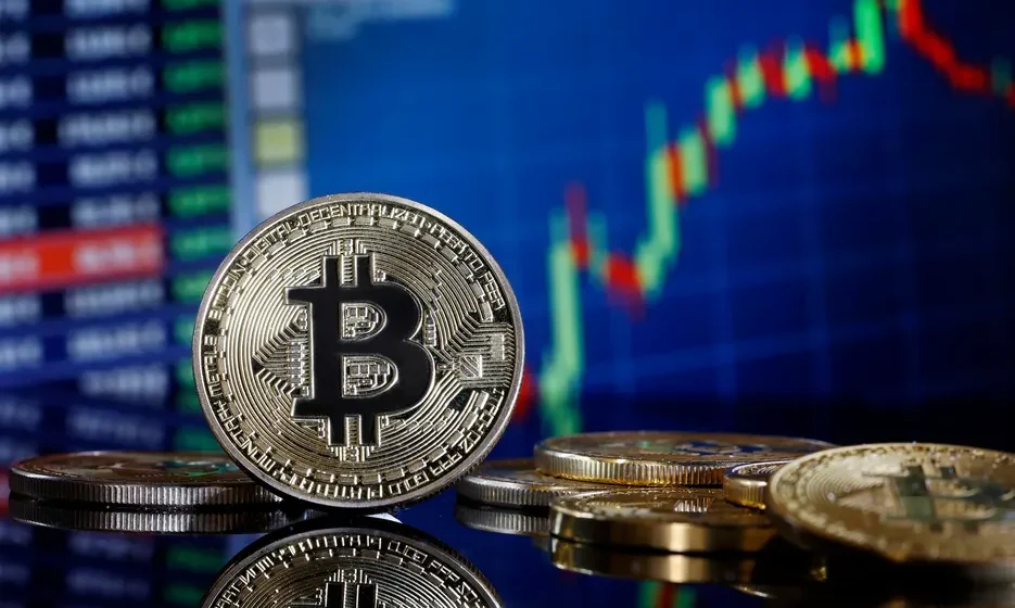 Bitcoin coin displayed before a rising cryptocurrency price chart, reflecting strong market momentum and growth.