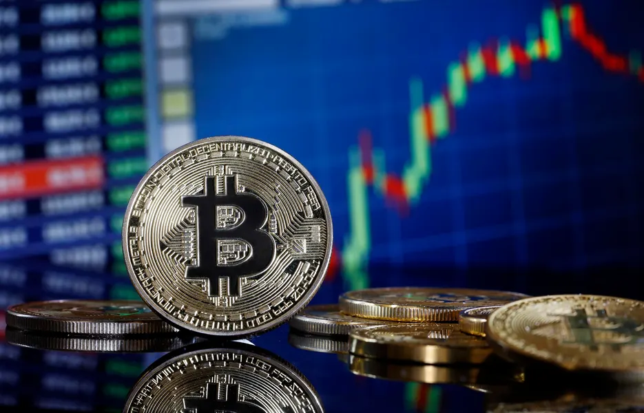 Bitcoin coin displayed before a rising cryptocurrency price chart, reflecting strong market momentum and growth.