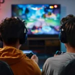 Two young gamers wearing headsets play a multiplayer game together in a cozy living room at home....