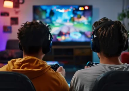 Two young gamers wearing headsets play a multiplayer game together in a cozy living room at home....