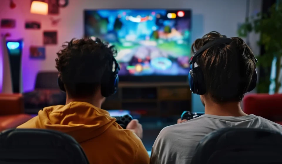 Two young gamers wearing headsets play a multiplayer game together in a cozy living room at home....