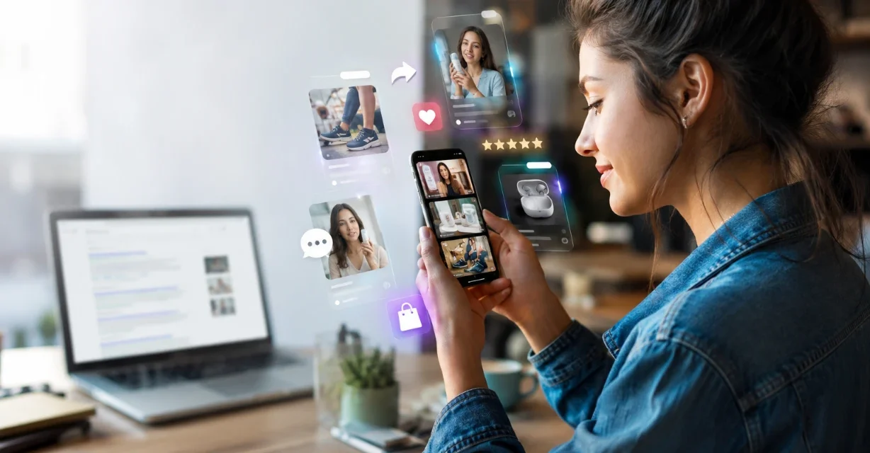 Gen Z shopper discovering products through social video as traditional search fades into background.