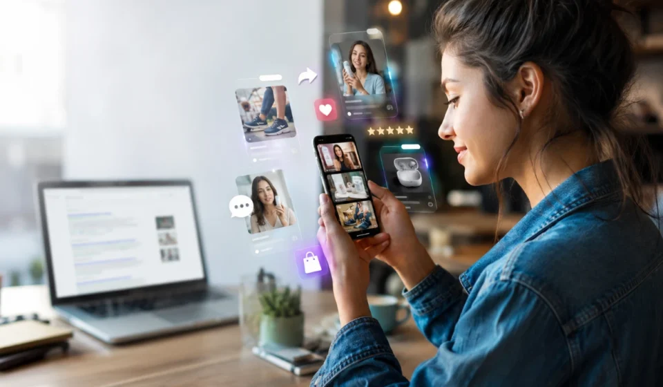 Gen Z shopper discovering products through social video as traditional search fades into background.