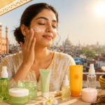 Young woman applies sunscreen outdoors with summer skincare products during a city heatwave under bright sun.
