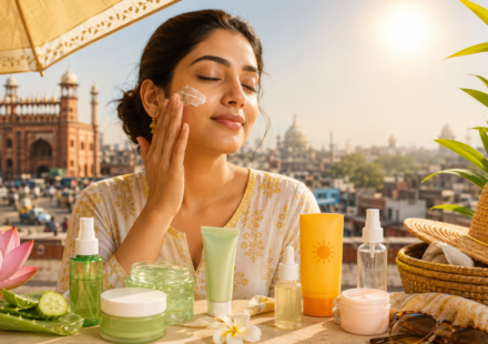 Young woman applies sunscreen outdoors with summer skincare products during a city heatwave under bright sun.