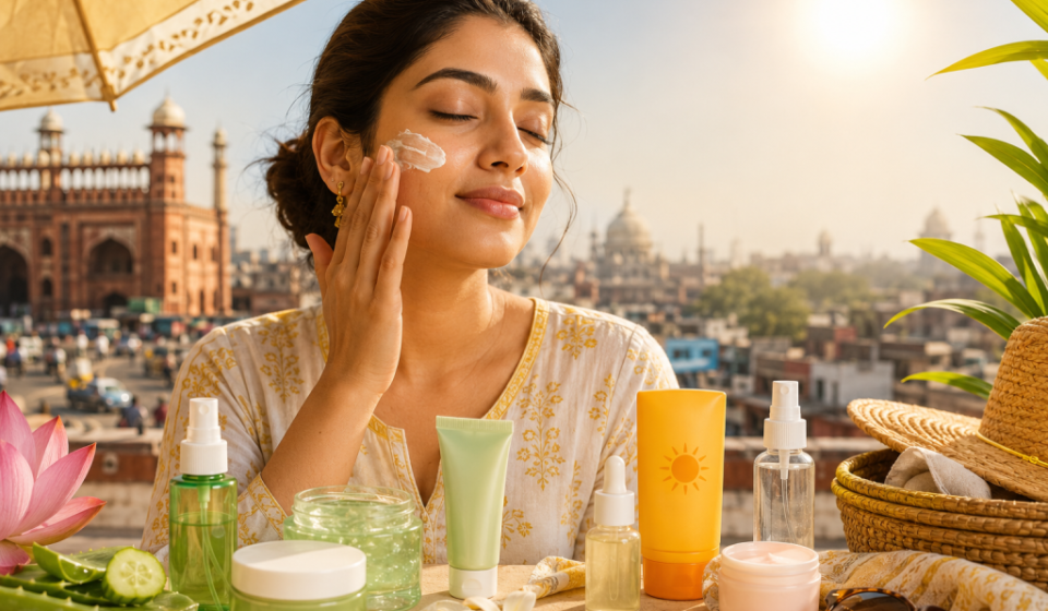 Young woman applies sunscreen outdoors with summer skincare products during a city heatwave under bright sun.