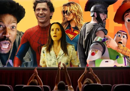 Moviegoers watch a screen featuring popular film characters celebrating the summer box office success.