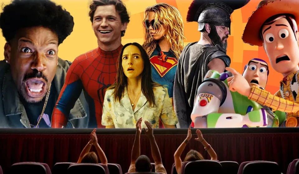 Moviegoers watch a screen featuring popular film characters celebrating the summer box office success.