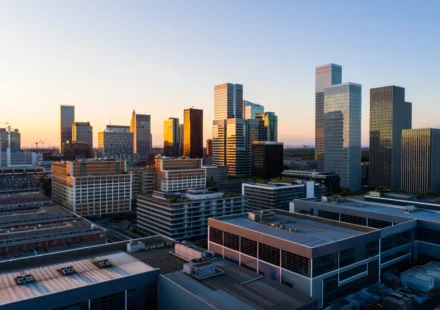Modern downtown skyline with commercial office towers glowing at sunset in a thriving business district.