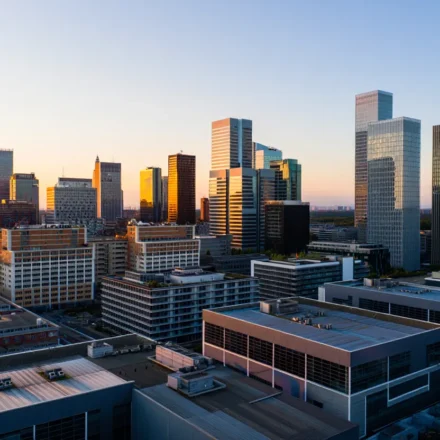 Modern downtown skyline with commercial office towers glowing at sunset in a thriving business district.