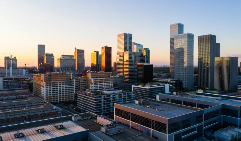 Modern downtown skyline with commercial office towers glowing at sunset in a thriving business district.