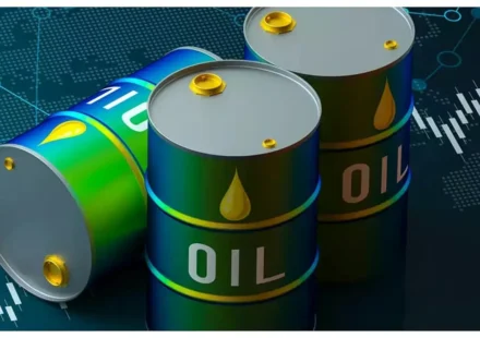 Oil barrels displayed with global market charts showing rising crude oil prices and energy trends.