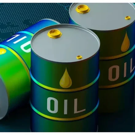 Oil barrels displayed with global market charts showing rising crude oil prices and energy trends.