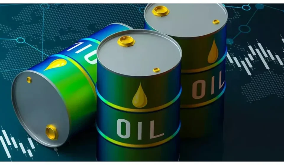 Oil barrels displayed with global market charts showing rising crude oil prices and energy trends.