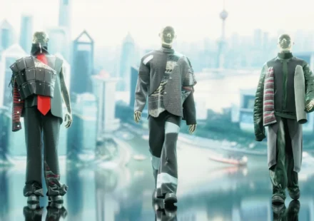 Models showcase AI designed digital fashion before a futuristic city skyline backdrop in soft light.