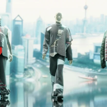 Models showcase AI designed digital fashion before a futuristic city skyline backdrop in soft light.