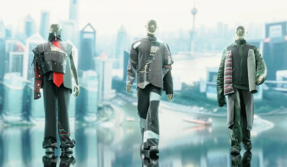 Models showcase AI designed digital fashion before a futuristic city skyline backdrop in soft light.